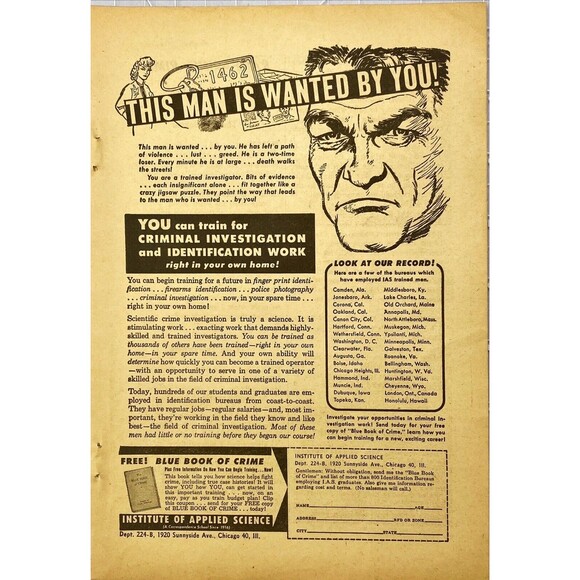 Institue of Applied Science *You can Train for Criminal Investigation" Ad 1954 - Picture 1 of 3